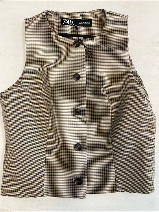 Zara Tops - Zara Checked Button-Front Sleeveless Vest - Black & Cream